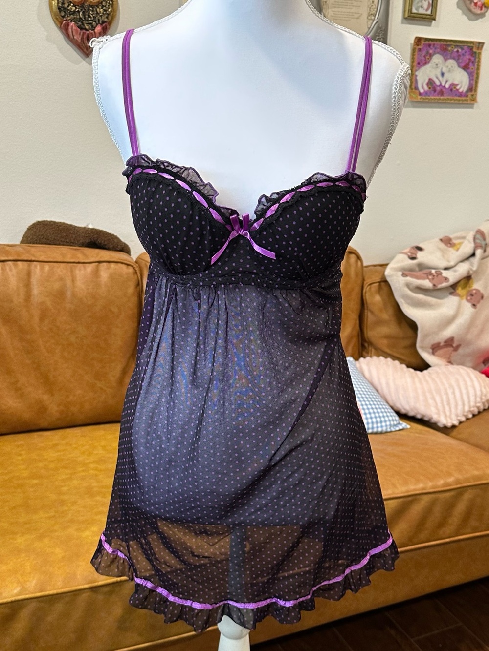Sheer Polka Dot Babydoll Chemise with Purple Trim